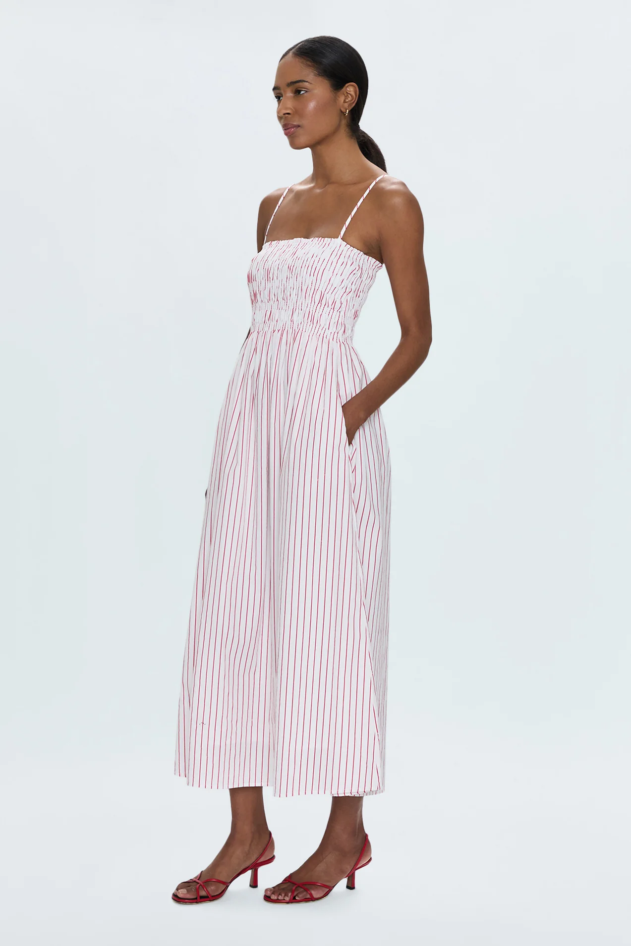 Bianca Shirred Bodice Dress - Ruby Stripe - Image 3