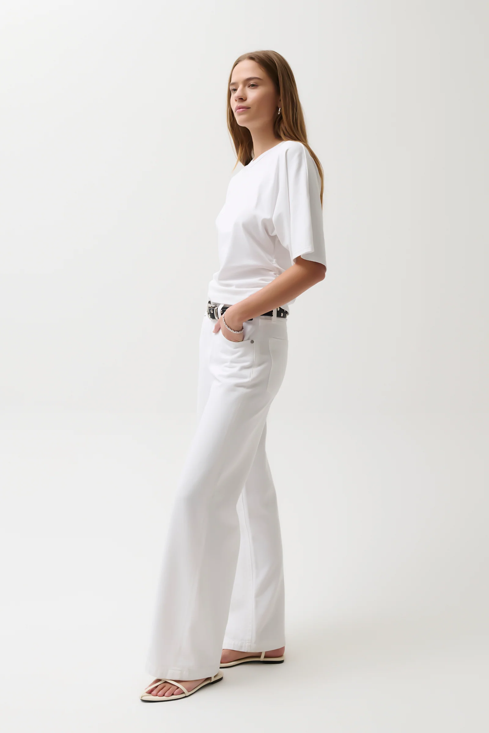 PETITE Jadyn Low Slung Palazzo Jean - Vivid White - Image 4