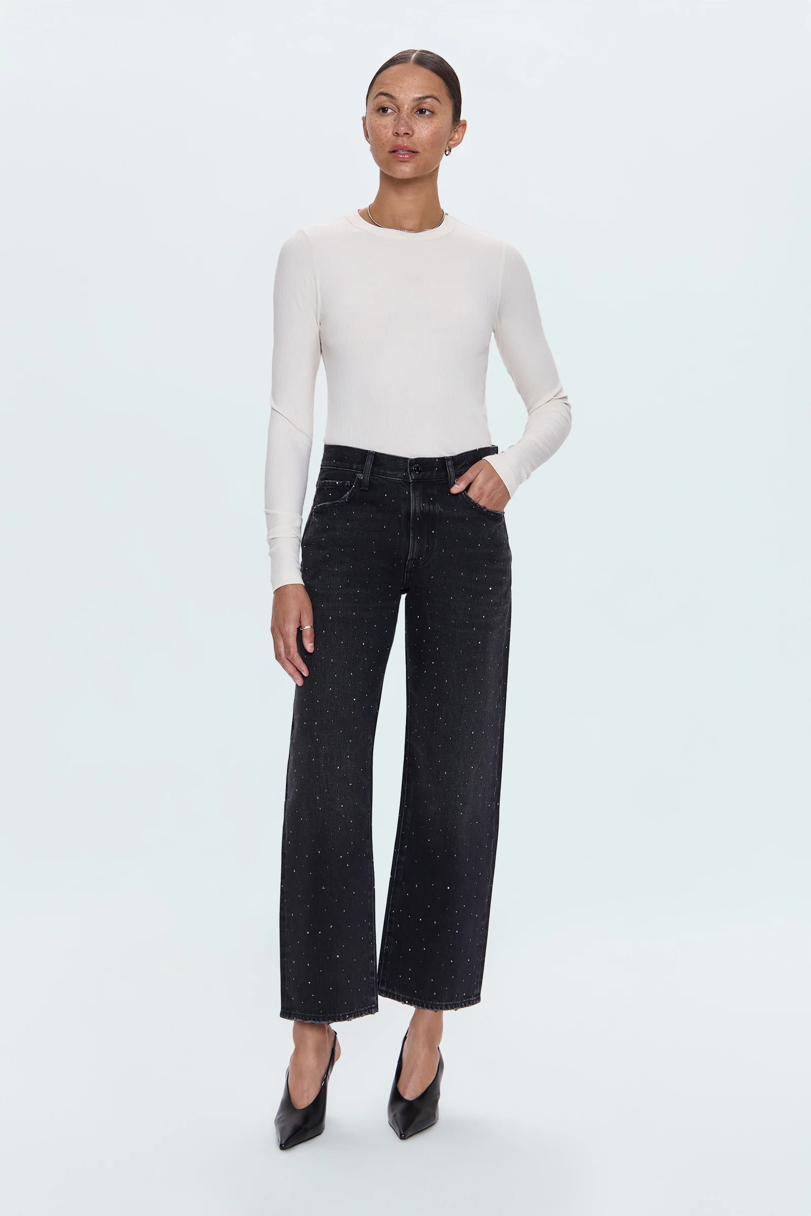 PETITE Lexi Mid Rise Bowed Straight Jean - Silver Screen - Image 3