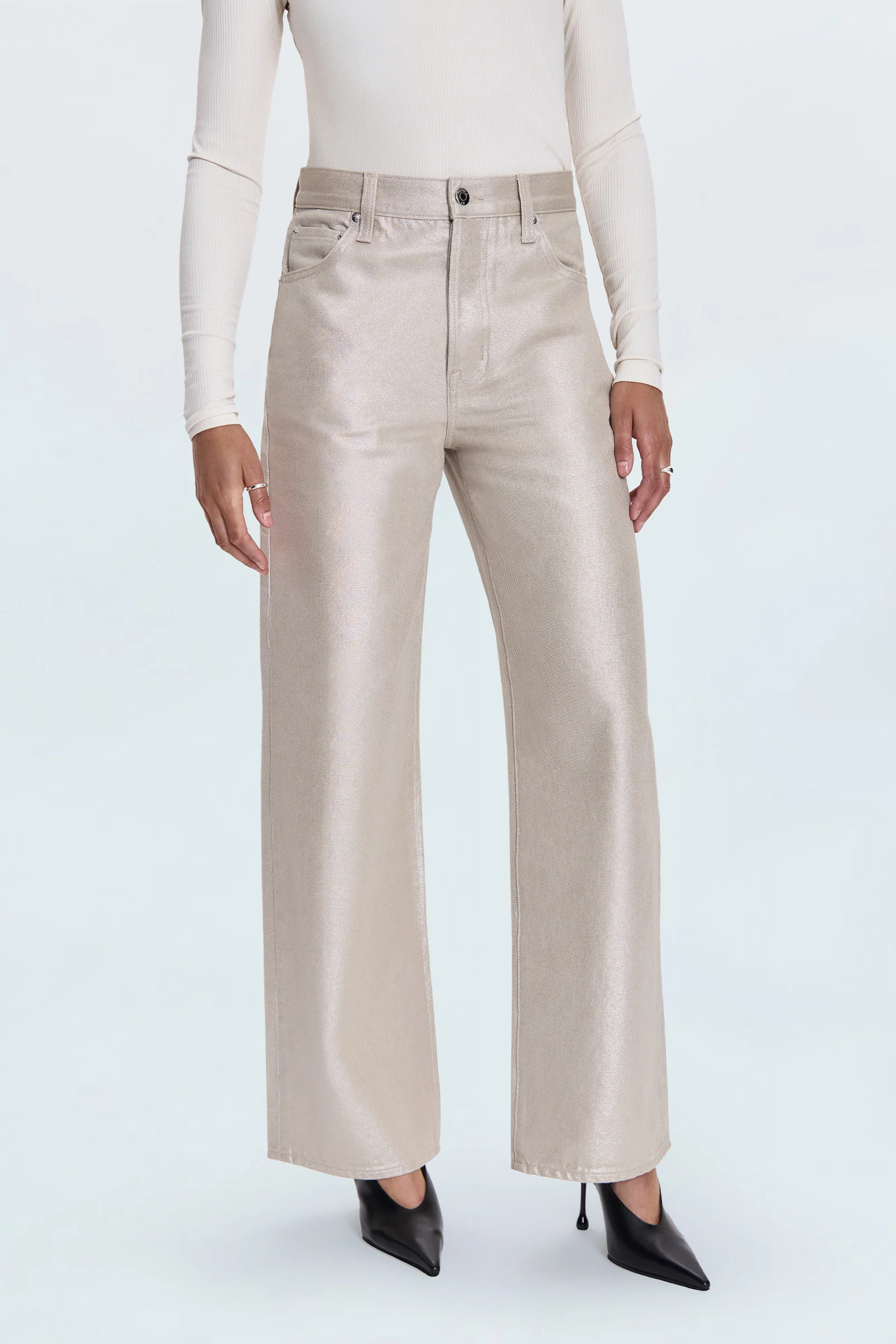 Tate High Rise Bowed Wide Leg Jean - Champagne Luster - Image 4
